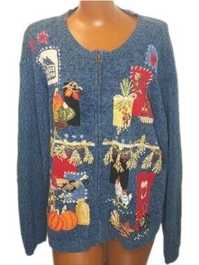 Vtg Heirloom Pumpkin Patch Cardigan Sweater XL Blue Knit Zip Up Pumpkin Patch